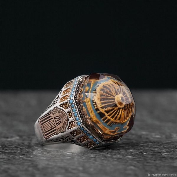 خاتم مصنوع يدويًا من الفضة الإسترلينية عيار 925 على شكل تمثال مسجد فيروزي