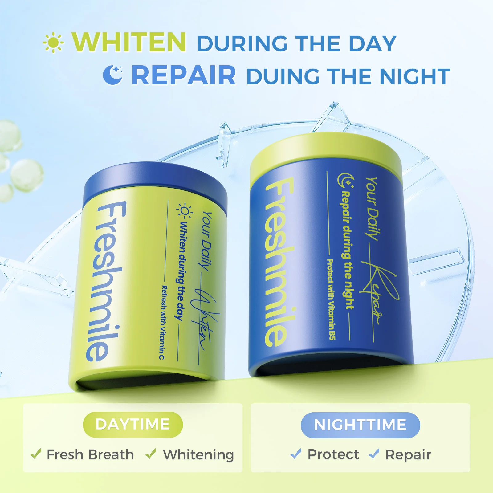 مجموعة أقراص مُنعشة للفم - علاج لرائحة الفم الكريهة للبالغين، يُصلح الأسنان ويُبيضها، مع إكسيليتول وهيدروكسي أباتيت (NHA)، خالٍ من الفلورايد.